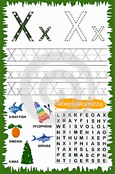 Educational worksheet for children learning the English alphabet. Handwriting and crossword puzzle game for memorizing words.