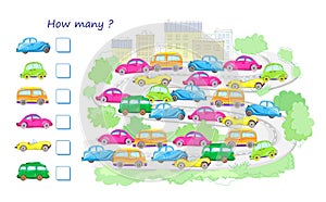 Educational worksheet for kids. Count the quantity of autos and write numbers. How many cars can you find? Math education for