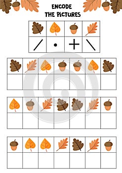 Educational worksheet for kids. Encode the pictures. Logic game for children