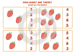 Educational worksheet for kids. Games for kids. Countable game. Count strawberries