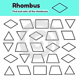 Educational worksheet for kids kindergarten, preschool and school age. Geometric shapes. Rhombus, parallelogram