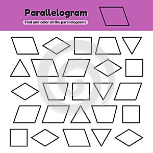 Educational worksheet for kids kindergarten, preschool and school age. Geometric shapes. Rhombus, parallelogram, triangle, square photo