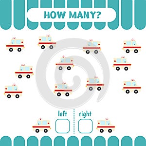 Educational worksheet for kids to learn left and right.How many ambulances go to the left and to the right