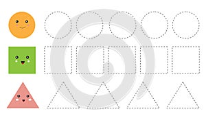 Educational worksheet for kids. Trace the shapes. Circle, square and triangle. Handwriting practice