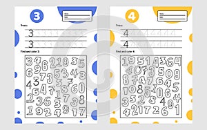 Educational worksheet for preschool and school kids. Number game for children. Trace, find and color. Three, four