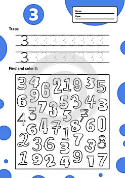 Educational worksheet for preschool and school kids. Number game for children. Trace, find and color three. illustration