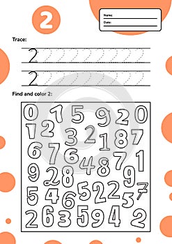 Educational worksheet for preschool and school kids. Number game for children. Trace, find and color two.