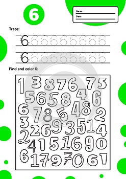 Educational worksheet for preschool and school kids. Number game for children. Trace, fing and color six.