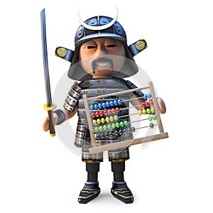 Educationally minded Japanese samurai warrior holds an abacus, 3d illustration