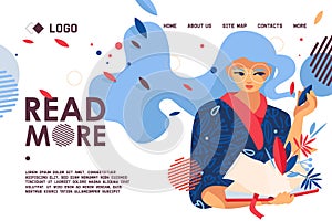 Educative banner with girl love to read. Modern concept landing page for library and book store web page. Vector scene with