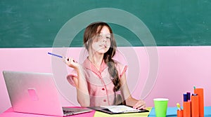 Educative content. Schoolgirl surfing internet. Parental advisory concept. Online course. Online school. Online
