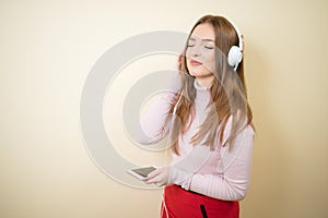 Educative content. Study english language with audio lessons. Girl listen music modern headphones gadget. Perfect sound