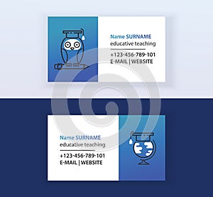 Educative teaching set of business cards vector illustration. Online education, learning, learn to think. Owl sitting on photo