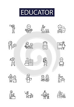 Educator line vector icons and signs. Coach, Leader, Mentor, Facilitator, Instructor, Tutor, Lecturer, Guide outline photo