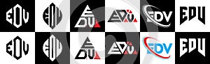 EDV letter logo design in six style. EDV polygon, circle, triangle, hexagon, flat and simple style with black and white color