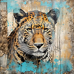 Edward Scott Jaguar Canvas Art Painting - Turquoise And Bronze Mixed Media photo