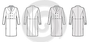 Edwardian Frock jacket technical fashion illustration with long sleeves, notched collar, three quarter knee length