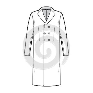 Edwardian Frock jacket technical fashion illustration with long sleeves, notched collar, three quarter knee length