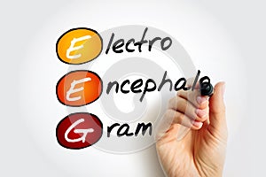 EEG Electroencephalogram - test that records the electrical signals of the brain by using small metal discs, acronym text