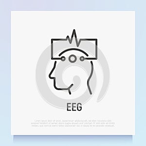 EEG: human head with electrodes thin line icon. Medical research. Diagnostic of brain activity. Modern vector illustration photo