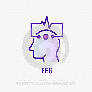 EEG: human head with electrodes thin line icon. Medical research. Diagnostic of brain activity. Modern vector illustration