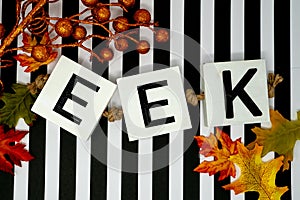 Eek Halloween phrase letters on fun black and white stripe background. Maple leaves and orange glittery stems for festivity. Use photo
