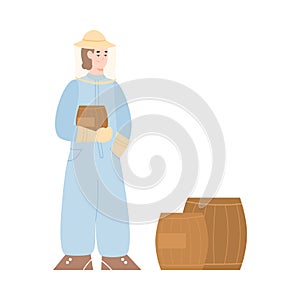 eekeeper or hiver next to barrels with honey flat vector illustration isolated.