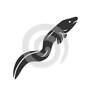 Eel glyph icon. Floating snakelike fish. Sea underwater animal. Asian seafood, sushi ingredient. Snake shape creature