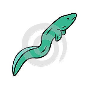 Eel green color icon. Floating snakelike fish. Sea underwater animal with smooth skin. Asian seafood, sushi ingredient