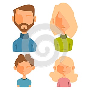 Eemotion vector family people faces cartoon avatar illustration. Woman and man emoji face icons and face cute symbols