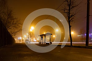 Een eenzame passagier wacht op vervoer in de stad mist avond stad snelweg auto ` s stoppen photo