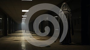 Eerie 8k Resolution Ghost Statue Haunting Dystopian Hallway