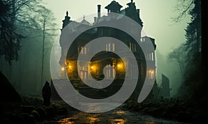 Eerie Ancient Mansion in Misty Forest with Glowing Windows and a Lone Figure at Dusk Perfect for a Mysterious and Gothic Story