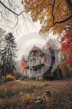 Victorian haunted house in autumn colors photo