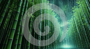 Digital Nature Bamboo Forest with Binary Code Rain