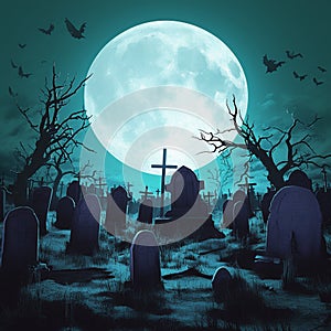 Eerie cemetery with tombstones under full moon, ideal for Halloween