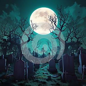 Eerie cemetery with tombstones under full moon, ideal for Halloween