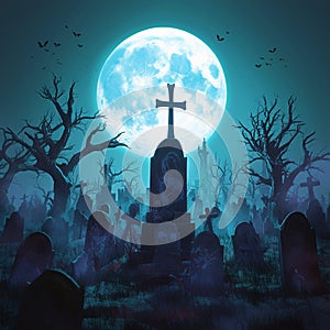 Eerie cemetery with tombstones under full moon, ideal for Halloween