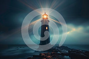 Eerie charm Age old haunted lighthouse emanates mystical light beams at midnight