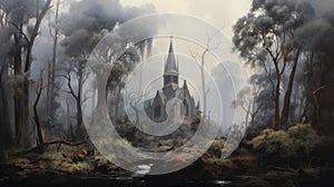 Eerie Church In Fog: Highly Detailed Gothic Australian Landscape Painting