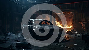 Eerie Cinematic Shot Of Abandoned Car In Burned Warehouse