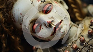 Eerie Close-up: A Beautifully Decayed Doll With Red Eyes