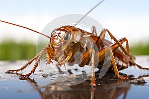 Eerie close up A dead cockroach is prominently displayed on white