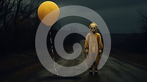 Eerie Clown In Yellow Costume On Dark Road