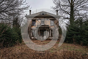 An eerie and dilapidated old house amidst an empty field, reflecting years of neglect and abandonment, An abandoned haunted house