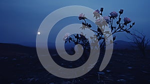 Eerie Dreamscapes: Romantic Moonlit Seascapes With Flowers On A Flat Hillside