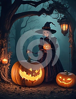 Eerie Halloween Cinematic Scene with Pumpkins, Ghosts, and Costumed Figures against Spooky Palace Backdrop