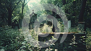 Eerie and haunting abandoned cemetery scene with a somber atmosphere of desolation and neglect photo