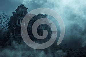 An eerie house with smoke billowing out of its windows, creating an unsettling atmosphere, Spooky haunted house amid eerie fog, AI