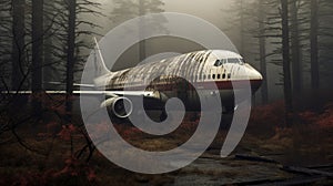 Eerie Hyper-realistic Portraiture: Abandoned Plane In Misty Wooded Area